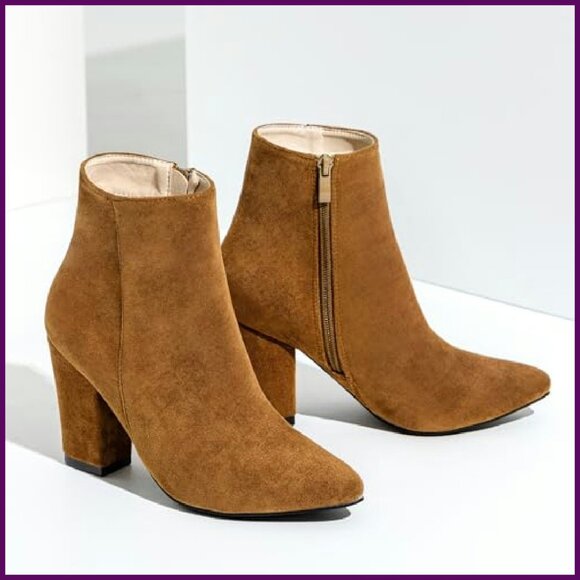 Suede Ankle Boots Chunky Heel Pointed Toe Side Zipper Dressy Booties - Picture 5 of 8